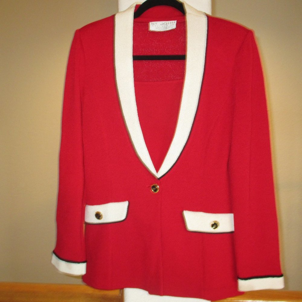 ST JOHN Knit Jacket Size 8 Red and Cream